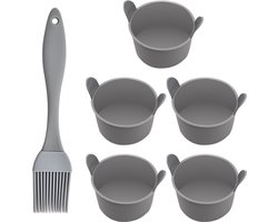 Puddingvorm - Set van 5 grijze heteluchtfriteuse-bekervormen - Inclusief olieborstel - Siliconen bakvormpjes voor pudding cake eieren - Klein formaat puddingvorm