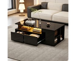 Pugsdrly 100*50*35 cm salontafel met LED, salontafel, salontafel met 2 lades, salontafel met een totaal draagvermogen van 60 kg, zwarte salontafel met veel opbergruimte