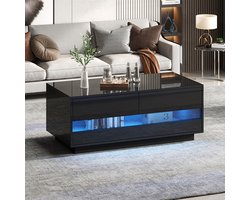 Pugsdrly 100*50*40 cm glanzende salontafel, salontafel met 2 lades, Bluetooth-led-lichtstrip, salontafel met opbergruimte en wand van gehard glas, bijzettafel, salontafel, zwart