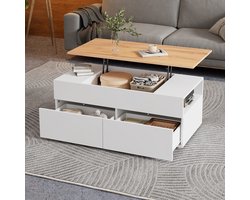 Pugsdrly 100*50*40 cm Salontafel In hoogte verstelbare salontafel met verborgen opbergruimte, salontafel met 2 lades, salontafel met halfopen opbergruimte, bijzettafel in wit + houtkleur