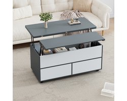 Pugsdrly 100*98*65cm Salontafel In hoogte verstelbare salontafel met verborgen opbergruimte en legplank, salontafel met wieltjes en lades, multifunctionele eettafel met veel opbergruimte, grijs-wit