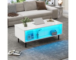 Pugsdrly 105 x 50 x 43 cm Salontafel In hoogte verstelbare salontafel met verborgen opbergruimte, salontafel met ledverlichting, salontafel met opbergruimte en displayoppervlak van gehard glas, wit Met 4 poten