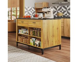 Pugsdrly 120 × 75 × 90 cm, keukeneiland in rustieke stijl – keukeneiland met 2 lades en 4 open planken, eikenhouten nerf, zwart marmeren werkblad, metalen frame, achterkant met barkast
