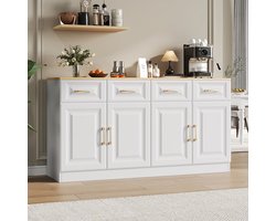 Pugsdrly 140 cm dressoir met opbergruimte, barmeubel met 4 laden en 4 draaideuren, lang opbergmeubel in moderne boerderijstijl, wit hout, voor de keuken, eetkamer en woonkamer