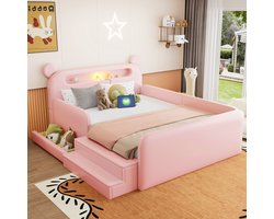 Pugsdrly 140 x 200 cm gestoffeerd kinderbed met hoofdbord in de vorm van een beer, nachtlampje, USB-oplaadaansluiting, geïntegreerde opbergruimte en trapje – veilig en praktisch, geschikt voor jongens en meisjes, bekleding van kunstleer, roze