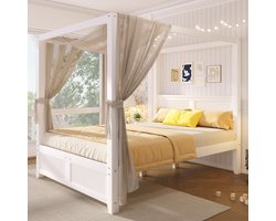 Pugsdrly 140 x 200 cm houten hemelbed met decoratief dakframe en verticale lamellen aan het hoofd- en voeteneinde, wit