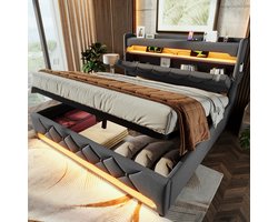 Pugsdrly 140*200 tweepersoons gestoffeerd bed, opbergruimte in het hoofdeinde met USB-poort en type C-poort, 360° rondom LED-functie rond hoofdeinde en voeteneinde, bedden met hydraulische opbergruimte, grijs, linnen (zonder matras)