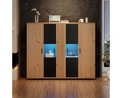 Pugsdrly 140*35*113 cm Bijzettafel voor de woonkamer, bijzettafel voor de woonkamer met scheidingswand en verstelbare wanden, zwart buffet + houtkleur en 4 deuren