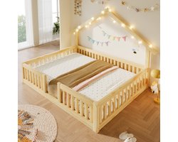 Pugsdrly 140x200 cm van hout met valbeveiliging, huisbed met LED-lichtslinger, vloerbed met veiligheidshekje, naturel
