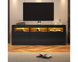 Pugsdrly 160*35*60 cm hoogglans tv-kast met ledverlichting, 3 open vakken, 2 deuren, 2 lades, smart app-bediening, voor 70 inch tv's, hoogglans tv-standaard