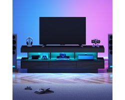 Pugsdrly 160*38*50,5 cm zwarte hoogglans tv-standaard met 3 glazen planken, ledverlichting, app-bediening, bluetooth-connectiviteit voor 70-inch tv's, hoogglans glazen tv-standaard, smart tv-standaard