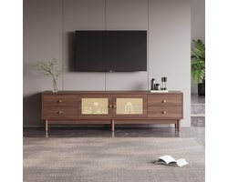 Pugsdrly 180 cm lange tv-kast in donkere houtlook met twee rotan deuren, vier lades, kabelbeheer en hydraulische scharnieren - Geschikt voor tv's tot 80 inch