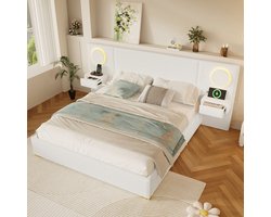 Pugsdrly 180x200 cm gestoffeerd bed van fluweel met LED-hoofdeinde, USB-aansluitingen en nachtkastjes met lades, BEIGE
