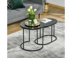 Pugsdrly 2-delige salontafel ovale en ronde salontafel stapelbaar marmerlook MDF metaal Ø50 x 50 5H cm zwart