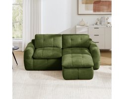 Pugsdrly 2-zits L-vormige frameloze modulaire bank, ruitvormig stikpatroon, chenille bekleding, antislip onderkant, montagevrij met 1 poef voor woonkamer & appartementen, groen