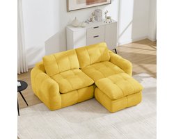 Pugsdrly 2-zits L-vormige frameloze modulaire bank, ruitvormig stikpatroon, chenillebekleding, antisliponderzijde, montagevrij met 1 poef voor woonkamers en appartementen, geel