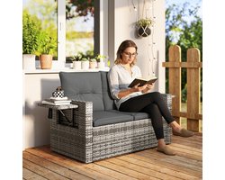 Pugsdrly 2-zits rotanbank met kussens, opklapbare zijtafeltjes, loungebank, zitgroep, lichtgrijs