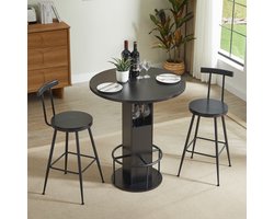 Pugsdrly 3-delige bartafel- en krukkenset 31,5 inch ronde tafel met twee krukken Houten eettafel met ringvormige voetsteun van metaal Geschikt voor eetkamers, cafés, bars, woonkamers enz. Zwart