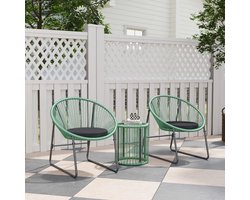 Pugsdrly 3-delige tuinmeubelset, 1 tafel, 2 stoelen, glazen tafelblad, kunstrotan om stalen frame, zachte kussens, groen