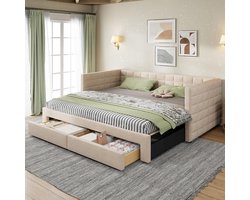 Pugsdrly 3-in-1 gestoffeerd bed Uitschuifbare slaapbank 90 x 190 cm, multifunctioneel bed, met lades, om te vormen tot eenpersoons-/tweepersoonsbed met lattenbodem, katoen en linnen, beige (matras niet inbegrepen)