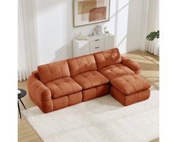 Pugsdrly - 3-zits L-vormige modulaire bank - frameloos ontwerp - huidvriendelijke zachte chenille-bekleding - vulling van 32D hoogdicht schuim - kant-en-klaar inclusief 1 poef - geschikt voor woonkamer en appartementen - kleur oranje