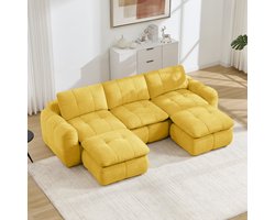 Pugsdrly 3-zits U-vormige frameloze modulaire bank, wolkzachte chenille-bekleding, 32D-schuim met hoge dichtheid, vrij combineerbaar, montagevrij met 2 voetenbankjes voor woonkamers en appartementen, geel