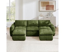 Pugsdrly 3-zits U-vormige frameloze modulaire bank, wolkzachte chenille-bekleding, 32D-schuim met hoge dichtheid, vrij te combineren, montagevrij met 2 voetenbankjes voor woonkamers en appartementen, groen