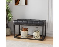 Pugsdrly 36" vintage gestoffeerde bank met knopgetufte zitting van kunstleer, industriële metalen eetbank voor de hal, slaapkamer, woonkamer of aan het voeteneinde van het bed (zwart)