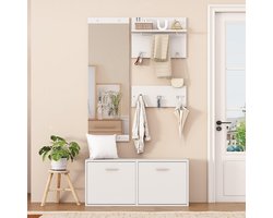 Pugsdrly 4-delige garderobeset 90*30*41,5 cm met spiegel, 2 hoedenplanken en schoenenkast. Kapstok voor in de hal Kapstokset, garderobeset voor in de hal, compacte garderobe met 6 haken, wit