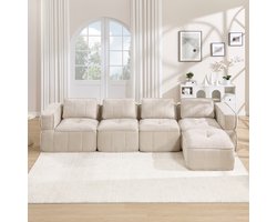 Pugsdrly 4-zits L-vormige frameloze modulaire bank met een poef, gevuld met 32D-schuim met hoge dichtheid, diep zitkussen, zachte en comfortabele stof, ideaal voor de woonkamer, beige.