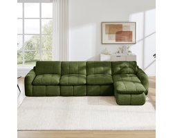 Pugsdrly 4-zits L-vormige frameloze modulaire bank, ruitjespatroon, chenillebekleding, brede en diepe zitvlakken, vrij herschikbaar, montagevrij met 1 poef voor woonkamers en appartementen, groen