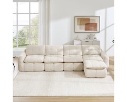 Pugsdrly 4-zits L-vormige frameloze modulaire bank, ruitvormig stikpatroon, chenille bekleding, brede en diepe zitvlakken, vrij herschikbaar, montagevrij met 1 poef voor woonkamers en appartementen, beige