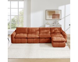 Pugsdrly 4-zits L-vormige frameloze modulaire bank, ruitvormig stikpatroon, chenille bekleding, brede en diepe zitvlakken, vrij herschikbaar, montagevrij met 1 poef voor woonkamers en appartementen, oranje