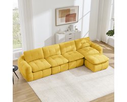 Pugsdrly 4-zits L-vormige frameloze modulaire bank, ruitvormig stikpatroon, chenille bekleding, brede en diepe zitvlakken, vrij te herschikken, montagevrij met 1 poef voor woonkamers en appartementen, geel
