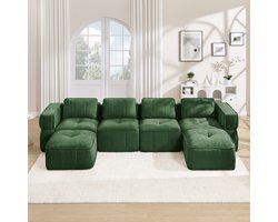 Pugsdrly 4-zits U-vormige modulaire bank zonder frame, met 2 poefs, 32D-schuim met hoge dichtheid, zachte en comfortabele stoffen bekleding, antislip, voor de woonkamer, geen montage nodig, groen.