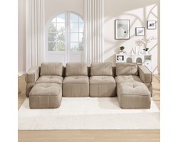 Pugsdrly 4-zits U-vormige modulaire bank zonder frame met 2 poefs, 32D-schuim met hoge dichtheid, zachte en comfortabele stoffen bekleding, antislip, voor de woonkamer, geen montage nodig, zandkleur.
