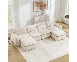 Pugsdrly 4-zits U-vormige modulaire bank zonder frame, ruitvormig stikpatroon, huidvriendelijke chenille-bekleding, brede, diepe zitvlakken, vrij te combineren, montagevrij met 2 voetenbankjes voor woonkamers en appartementen, beige