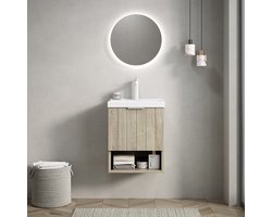 Pugsdrly 42 cm wandbeugel voor badkamer wastafel met witte rechthoekige keramische wasbak, gestreepte kast met dubbele deuren en open plank, eiken crèmekleurige houtnerfkleur