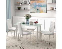 Pugsdrly 5-delige eetset - eettafel met 4 stoelen - modern design met glazen tafel - wit