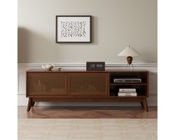 Pugsdrly 59 inch Mid-Century Modern rotan tv-meubel voor 65 inch tv, entertainmentkast, mediaconsole voor woonkamer of mediaruimte, massief houten poten en rotan kastdeuren – donker walnoot