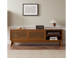Pugsdrly 59 inch Mid-Century Modern rotan tv-meubel voor 65 inch tv, entertainmentkast, mediaconsole voor woonkamer of mediaruimte, massief houten poten en rotan kastdeuren – licht walnoot