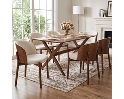 Pugsdrly 6 eetkamerstoelen van massief hout, comfortabel en ademend, geschikt voor eetkamers, woonkamers, cafés, moderne stijl, linnen bekleding, fineer van massief essenhout, walnoothoutkleur（zonder tafel）