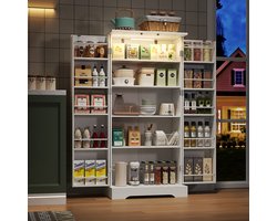 Pugsdrly 60 × 35 × 128 cm, wit, multifunctionele keukenkast met LED-verlichting met sensor, in hoogte verstelbare planken, dubbele deur met opbergvak, kantelbeveiliging, geschikt voor keuken, woonkamer en eetkamer.