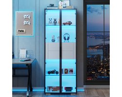 Pugsdrly 60*40*160 cm kast, vitrinekastdeur van gehard glas, vitrinekast met LED, 2 glazen planken, 2 lades, highboard, woonkamerkast, opbergkast, hoge kast, bankkast, wit