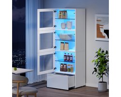 Pugsdrly 60*40*173 cm Kast, vitrinekast met acryldeur, glanzende vitrinekast Opbergkast met LED-verlichting, 3 glazen planken, hoge buffetkast, woonkamer kast, opbergkast, hoge kast, bankkast, wit