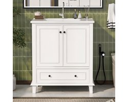 Pugsdrly 76x46x87cm Vrijstaand badkamermeubel met wastafel, wastafel, massief houten poten, MDF-materiaal, vocht- en waterbestendig, grote opbergruimte, geïntegreerde keramische wastafel, wit