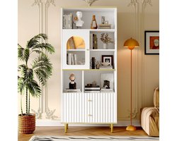 Pugsdrly 78 x 36 x 180 cm Multifunctionele boekenkast, opbergruimte in meerdere lagen, transparante kastdeur, twee stille laden + op afstand bedienbare lichtlijst die van kleur verandert, metalen poten, wit