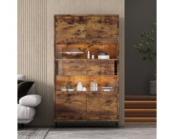 Pugsdrly 80*40*138 cm Vitrinekast met ledverlichting, vitrinekast op pootjes, vitrinekasten met 2 laden, opbergvitrine met acryl afdekking, hoog dressoir, wijnkasten, boekenkasten met veel opbergruimte, zwart + houtnerf