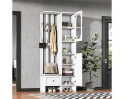 Pugsdrly 85*33,5*200 cm Compacte kasten, halmeubels Met 2 kasten, opbergkast van gehard glas, set halmeubels Witte halkast, kapstok met schoenenbank en bekleding