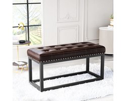 Pugsdrly 91 cm vintage gestoffeerde bank met gecapitonneerde kunstleren zitting, industriële metalen eetbank voor hal, slaapkamer, woonkamer of aan het voeteneinde van het bed (bruin)